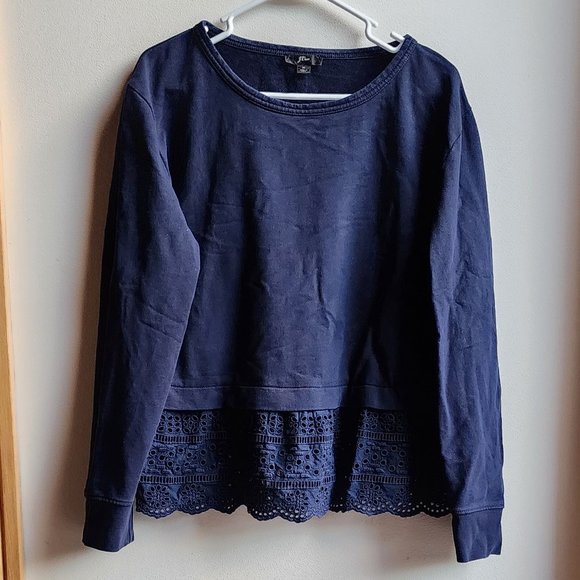 J. Crew Navy Eyelet Lace Trimmed Scoop Neck Sweatshirt Size Medium - Picture 1 of 12